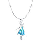 Lab Created Blue Opal Ballet Dancer Bead Chain Necklace 925 Sterling Silver