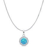 Lab Created Blue Opal & CZ Round Pendant Box Chain Necklace 925 Sterling Silver