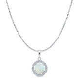Lab Created White Opal & CZ Round Pendant Box Chain Necklace 925 Sterling Silver