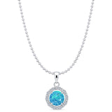 Lab Created Blue Opal & CZ Round Pendant Bead Chain Necklace 925 Sterling Silver