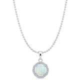Lab Created White Opal & CZ Round Pendant Bead Chain Necklace 925 Sterling Silver