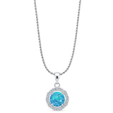 Lab Created Blue Opal & CZ Round Pendant Rope Chain Necklace 925 Sterling Silver