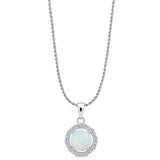Lab Created White Opal & CZ Round Pendant Rope Chain Necklace 925 Sterling Silver