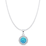 Lab Created Blue Opal & CZ Round Pendant Rolo Chain Necklace 925 Sterling Silver