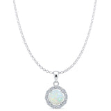 Lab Created White Opal & CZ Round Pendant Rolo Chain Necklace 925 Sterling Silver