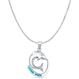 Lab Created Blue Opal & CZ Dolphin Pendant Box Chain Necklace 925 Sterling Silver