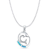 Lab Created Blue Opal & CZ Dolphin Pendant Bead Chain Necklace 925 Sterling Silver
