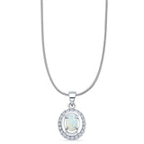 Lab Created White Opal & Halo CZ Oval Pendant Snake Chain Necklace 925 Sterling Silver
