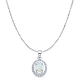 Lab Created White Opal & Halo CZ Oval Pendant Box Chain Necklace 925 Sterling Silver