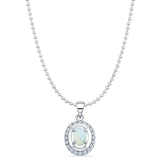 Lab Created White Opal & Halo CZ Oval Pendant Bead Chain Necklace 925 Sterling Silver