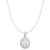 Lab Created White Opal & Halo CZ Oval Pendant Cable Chain Necklace 925 Sterling Silver