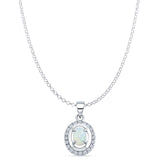 Lab Created White Opal & Halo CZ Oval Pendant Rolo Chain Necklace 925 Sterling Silver