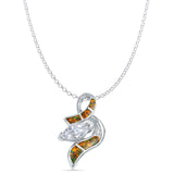 Lab Created Black Opal & Marquise CZ Abstract Pendant Rolo Chain Necklace 925 Sterling Silver