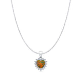 Lab Created Black Opal & Halo CZ Heart Pendant Cable Chain Necklace 925 Sterling Silver