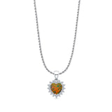 Lab Created Black Opal & Halo CZ Heart Pendant Rope Chain Necklace 925 Sterling Silver