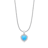 Lab Created Light Blue Opal & Halo CZ Heart Pendant Rope Chain Necklace 925 Sterling Silver