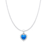 Lab Created Blue Opal & Halo CZ Heart Pendant Rolo Chain Necklace 925 Sterling Silver