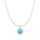 Lab Created Light Blue Opal & Halo CZ Heart Pendant Rolo Chain Necklace 925 Sterling Silver
