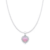 Lab Created Pink Opal & Halo CZ Heart Pendant Rolo Chain Necklace 925 Sterling Silver