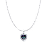 Lab Created Rainbow CZ & Halo CZ Heart Pendant Rolo Chain Necklace 925 Sterling Silver