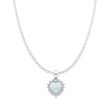 Lab Created White Opal & Halo CZ Heart Pendant Rolo Chain Necklace 925 Sterling Silver