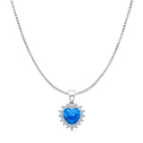 Lab Created Blue Opal & Halo CZ Heart Pendant Box Chain Necklace 925 Sterling Silver