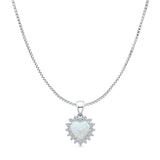 Lab Created White Opal & Halo CZ Heart Pendant Box Chain Necklace 925 Sterling Silver