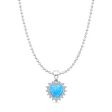 Lab Created Light Blue Opal & Halo CZ Heart Pendant Bead Chain Necklace 925 Sterling Silver