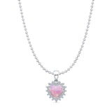 Lab Created Pink Opal & Halo CZ Heart Pendant Bead Chain Necklace 925 Sterling Silver