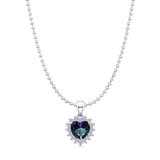 Lab Created Rainbow CZ & Halo CZ Heart Pendant Bead Chain Necklace 925 Sterling Silver