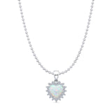 Lab Created White Opal & Halo CZ Heart Pendant Bead Chain Necklace 925 Sterling Silver