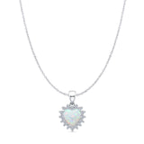 Lab Created White Opal & Halo CZ Heart Pendant Cable Chain Necklace 925 Sterling Silver