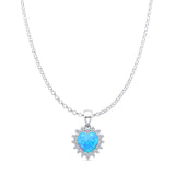Lab Created Light Blue Opal & Halo CZ Heart Pendant Rolo Chain Necklace 925 Sterling Silver