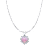 Lab Created Pink Opal & Halo CZ Heart Pendant Rolo Chain Necklace 925 Sterling Silver