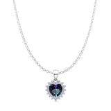 Lab Created Rainbow CZ & Halo CZ Heart Pendant Rolo Chain Necklace 925 Sterling Silver