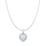 Lab Created White Opal & Halo CZ Heart Pendant Rolo Chain Necklace 925 Sterling Silver