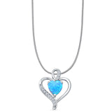 Lab Created Light Blue Opal & CZ Heart Pendant Snake Chain Necklace 925 Sterling Silver