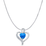 Lab Created Blue Opal & CZ Heart Pendant Box Chain Necklace 925 Sterling Silver