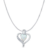 Lab Created White Opal & CZ Heart Pendant Box Chain Necklace 925 Sterling Silver