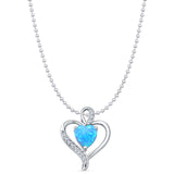 Lab Created Light Blue Opal & CZ Heart Pendant Bead Chain Necklace 925 Sterling Silver