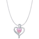 Lab Created Pink Opal & CZ Heart Pendant Bead Chain Necklace 925 Sterling Silver