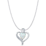 Lab Created White Opal & CZ Heart Pendant Bead Chain Necklace 925 Sterling Silver