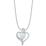 Lab Created White Opal & CZ Heart Pendant Rope Chain Necklace 925 Sterling Silver