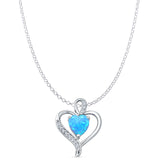 Lab Created Light Blue Opal & CZ Heart Pendant Rolo Chain Necklace 925 Sterling Silver