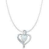Lab Created White Opal & CZ Heart Pendant Rolo Chain Necklace 925 Sterling Silver