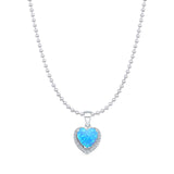 Lab Created Light Blue Opal & Halo CZ Heart Pendant Bead Chain Necklace 925 Sterling Silver