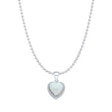 Lab Created White Opal & Halo CZ Heart Pendant Bead Chain Necklace 925 Sterling Silver