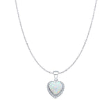 Lab Created White Opal & Halo CZ Heart Pendant Cable Chain Necklace 925 Sterling Silver
