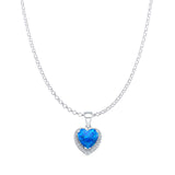 Lab Created Blue Opal & Halo CZ Heart Pendant Rolo Chain Necklace 925 Sterling Silver