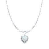 Lab Created White Opal & Halo CZ Heart Pendant Rolo Chain Necklace 925 Sterling Silver